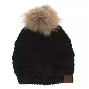 C.C Black Knit Beanie with Tan Pom